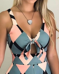 Colorful Geometric Print Jumpsuit with Lace-Up Detail