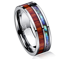 Trendy Tungsten Inlay Ring with Wood Grain & Shell