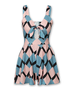 Colorful Geometric Print Jumpsuit with Lace-Up Detail