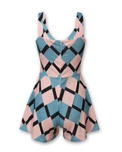 Colorful Geometric Print Jumpsuit with Lace-Up Detail