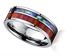 Trendy Tungsten Inlay Ring with Wood Grain & Shell
