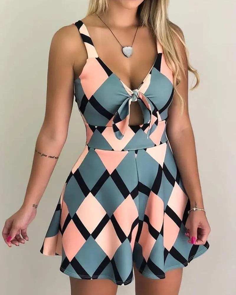 Colorful Geometric Print Jumpsuit with Lace-Up Detail