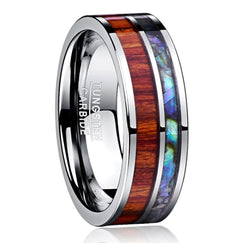 Trendy Tungsten Inlay Ring with Wood Grain & Shell