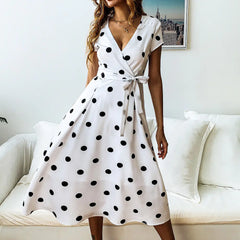 Polka Dot Print Tie Dress - Fashion Casual Style