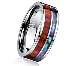 Trendy Tungsten Inlay Ring with Wood Grain & Shell