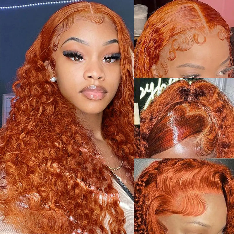 13x6 Ginger Deep Wave Lace Front Wigs Human Hair Pre Plucked Orange Ginger Wig Human Hair Ginger Curly Lace Front Wig Human Hair 350 Wet and Wavy Deep Curly Human Hair Wig 180 Density 20 Inch